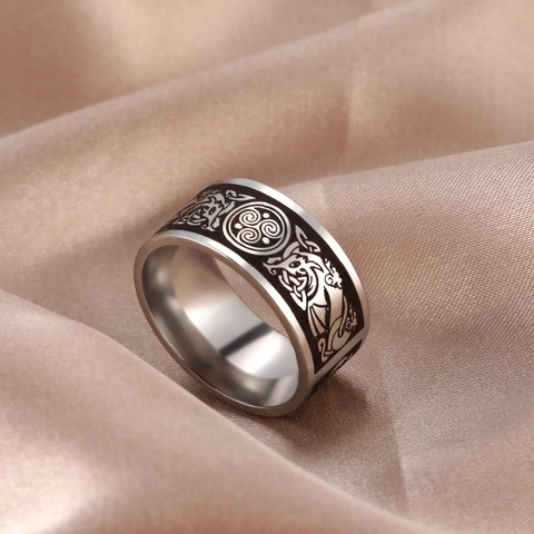 Vintage Stainless Steel Celtic Triskele Dragon Pattern Band Ring For Men Nordic Myth Etched Jewelry Silver Color Ring