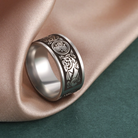 Vintage Stainless Steel Celtic Triskele Dragon Pattern Band Ring For Men Nordic Myth Etched Jewelry Silver Color Ring