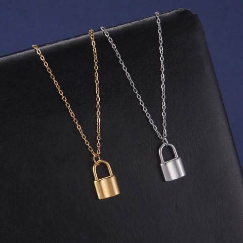 Minimalist Stainless Steel Lock Pendant Necklace For Women Men Gold Silver Plated Dainty Lock Link Chain Jewelry Gift