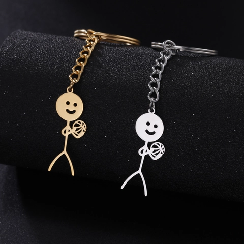 Portachiavi Stickman Pallacanestro Acciaio Inossidabile Divertente Vuoto Faccina Sorridente Pendente Metallico Sportivo Regalo