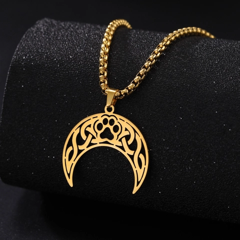 Stainless Steel Crescent Moon Paw Print Pendant Necklace Vintage Celtic Knot Cutout Jewelry For Men Women Daily Wear Accessory