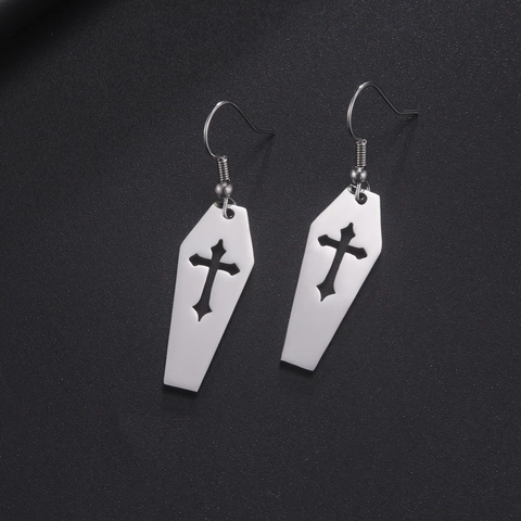 Stainless Steel Coffin Cross Hollow Drop Earrings For Women Gothic Punk Style Jewelry Gold Silver Halloween Accessories