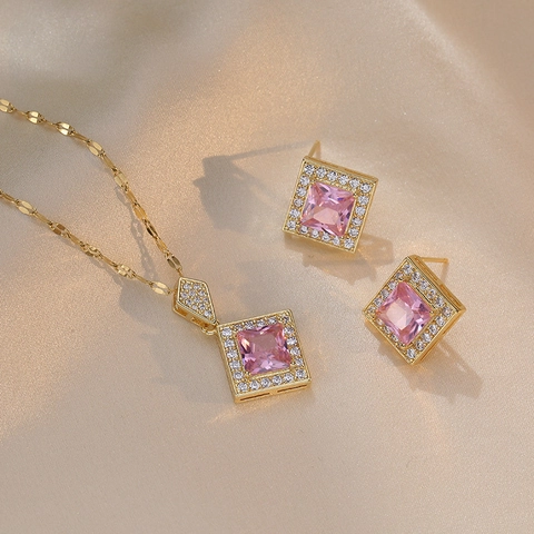 Edelstahl Rosa Zirkon Quadrat Anhänger Halskette Und Ohrringe Vergoldet Strass Geometrischer Schmuck Für Damen