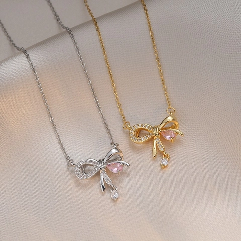 Bowknot Pendant Necklace Stainless Steel With Pink Pear Gemstone And Rhinestones Dainty Sweet Jewelry For Women