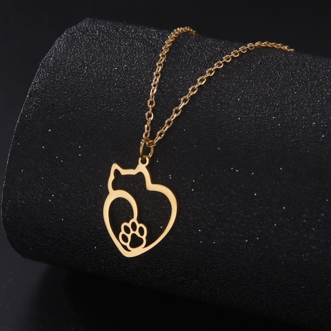 Stainless Steel Heart Cat Pendant Necklace Hollow Animal Paw Pattern Jewelry For Women Girls Daily Fashion Accessories