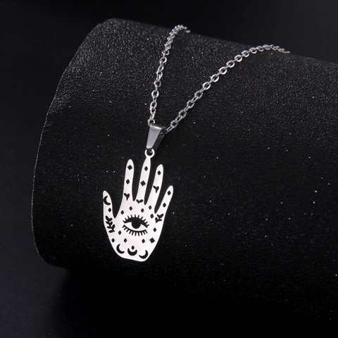 Stainless Steel Hamsa Hand Evil Eye Pendant Necklace For Women Boho Hollow Moon Star Religious Jewelry Lucky Protection Charm