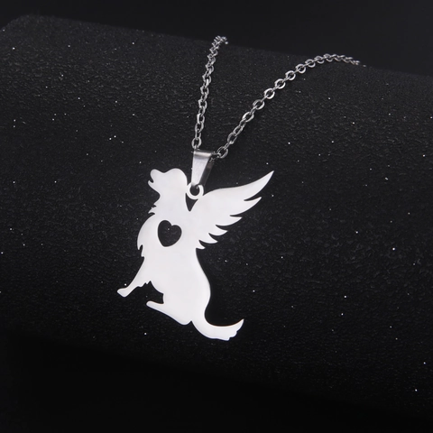 Stainless Steel Angel Dog Pendant Necklace Minimalist Hollow Heart Winged Dog Silhouette Memorial Jewelry For Men Women Gold Silver