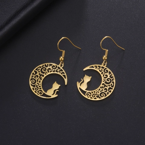 Vintage Stainless Steel Moon Cat Drop Earrings Hollow Filigree Kitten Pendant Ear Hook Fashion Jewelry For Women Gift