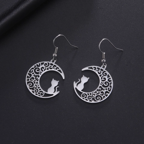 Vintage Stainless Steel Moon Cat Drop Earrings Hollow Filigree Kitten Pendant Ear Hook Fashion Jewelry For Women Gift