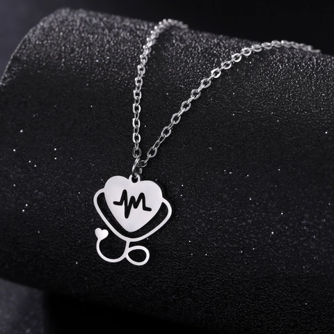 Stainless Steel Heart Stethoscope EKG Necklace For Women Medical Gift Nurse Doctor Jewelry Heartbeat Pendant Chain Necklace