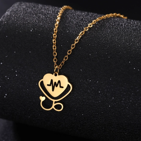 Stainless Steel Heart Stethoscope EKG Necklace For Women Medical Gift Nurse Doctor Jewelry Heartbeat Pendant Chain Necklace