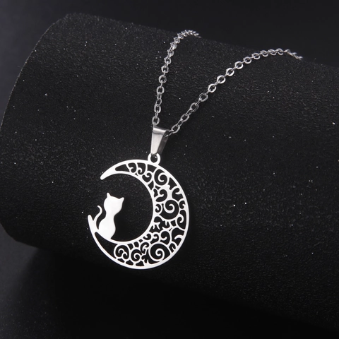 European Style Stainless Steel Hollow Crescent Moon Cat Pendant Necklace Cute Filigree Animal Jewelry For Women Men Unisex