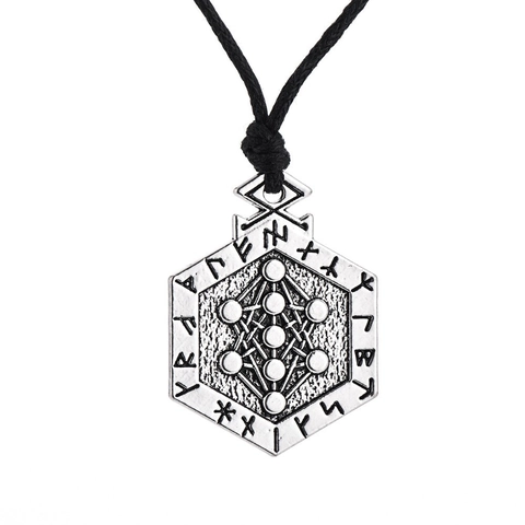 Viking Metatron Cube Rune Hexagon Pendant Necklace Antique Silver Alloy Punk Geometric Nordic Jewelry For Men
