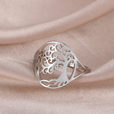 Vintage Hollow Tree Of Life Stainless Steel Ring Leaf Pattern Band Jewelry For Men Women Fashion Punk Style Daily Finger Ring