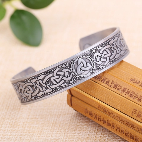 Vintage Celtic Knot Magnetic Therapy Cuff Bracelet For Men Women Antique Bronze Silver Viking Triquetra Open Bangle Jewelry