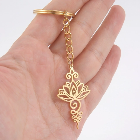 Portachiavi in Acciaio Inossidabile Loto Unalome Minimalista Spirituale Yoga Pendente a Forma di Fiore Portachiavi Donna Uomo Gioielli