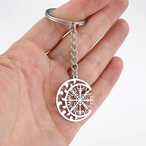 Portachiavi con Ciondolo a Bussola Vichinga Vegvisir e Luna in Acciaio Inossidabile Gioielli per Auto da Uomo e Donna