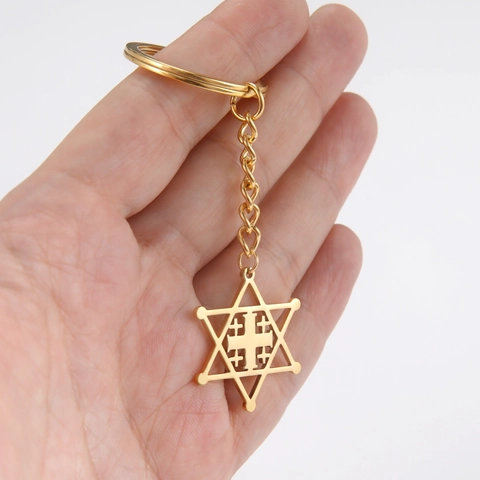 Portachiavi in Acciaio Inossidabile Croce di Gerusalemme Stella di David Traforato Hexagram Religioso Pendente per Unisex Regalo