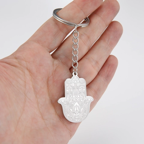 Portachiavi Mano di Fatima Acciaio Inossidabile Mandala Motivo Loto Inciso Anello Chiave Per Donna Uomo Etnico Vintage Pendente