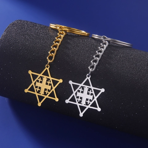 Portachiavi in Acciaio Inossidabile Croce di Gerusalemme Stella di David Traforato Hexagram Religioso Pendente per Unisex Regalo