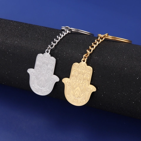 Portachiavi Mano di Fatima Acciaio Inossidabile Mandala Motivo Loto Inciso Anello Chiave Per Donna Uomo Etnico Vintage Pendente