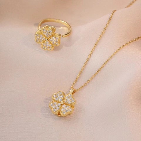 Elegante Rotierende Vierblättrige Kleeblatt Herz Halskette Für Damen Titanstahl Zirkonia Eingelegter Rotierender Antistress Schmuck