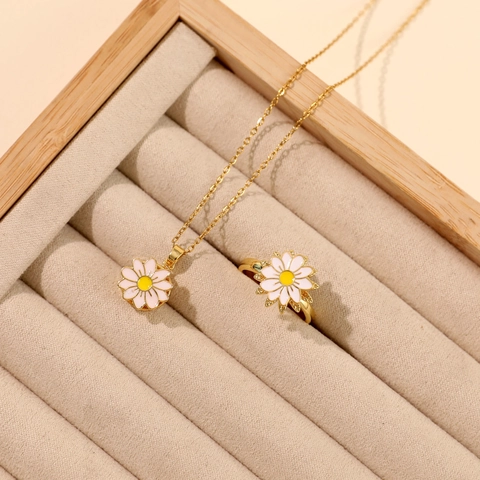 Sunflower Rotating Pendant Necklace And Daisy Flower Ring Titanium Steel Alloy Enamel Jewelry For Women Girls Gift