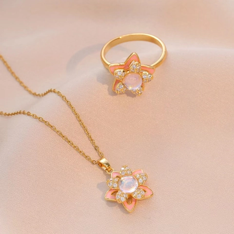 Titanium Steel Pink Flower Rotating Pendant Necklace And Open Ring With Zircon Enamel Iridescent Stone Women Fashion Jewelry