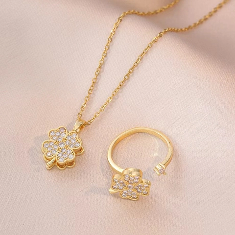 Stainless Steel Rotating Heart Clover Jewelry Set For Women Gold Plated Zirconia Inlay Necklace Rotating Open Ring Fashion Accessory