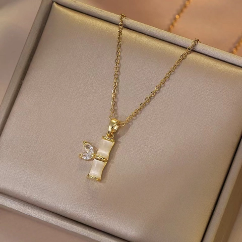 Vintage Bamboo Joint Pendant Necklace Titanium Steel With Zircon Leaf And Synthetic Cat Eye Stone For Women Fashion