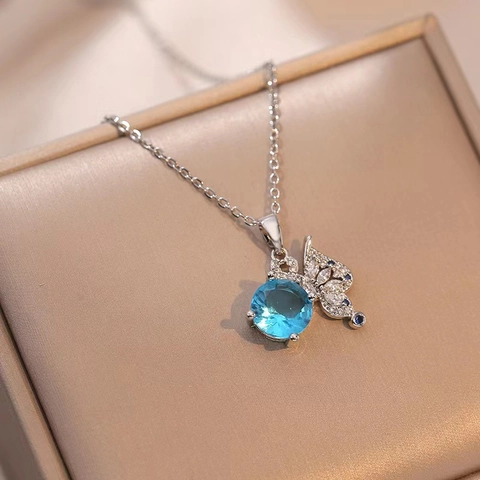 Elegantes Schmetterling Blau Zirkonia Schmuckset Edelstahl Kette Halskette Mit 925 Sterlingsilber Ohrstecker-Stift Ring Für Damen