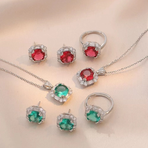 Luxury Jewelry Titanium Steel Necklace Ear Studs And Adjustable Ring Emerald Ruby Red Zircon Square Halo Retro For Women