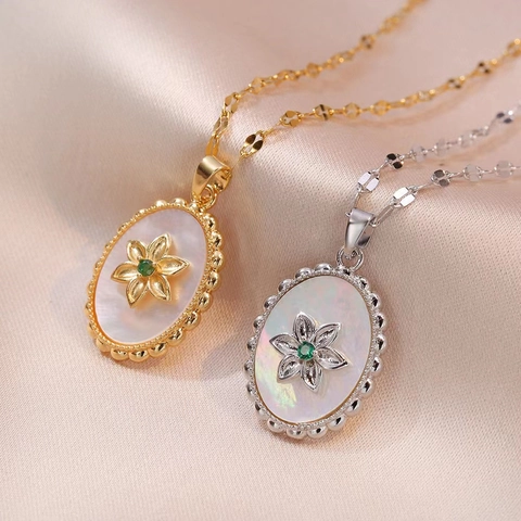 Vintage Titanstahl Oval Perlmutt Blume Anhänger Halskette Mit Grünem Edelstein Gold Silber Plattiert Schmuck Für Damen