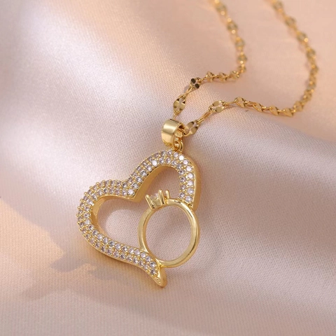 Edelstahl Herz Anhänger Halskette Für Damen Zirkonia Eingebettetes Herz Mit Ring Anhänger Schlüsselbein Kette Schmuck Geschenk