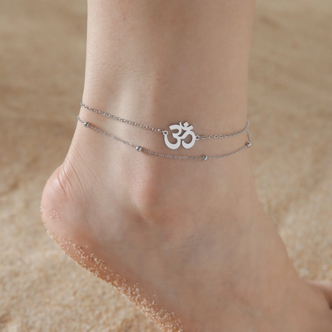 Stainless Steel Yoga OM Symbol Double Layer Anklet For Women Gold Silver Bead Chain Boho Beach Foot Jewelry Charm