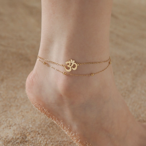 Stainless Steel Yoga OM Symbol Double Layer Anklet For Women Gold Silver Bead Chain Boho Beach Foot Jewelry Charm