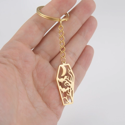 Llavero Gótico de Acero Inoxidable con Ataúd Murciélago Luna para Mujeres Hombres Halloween Colgante Árbol Seco Joyería Regalo