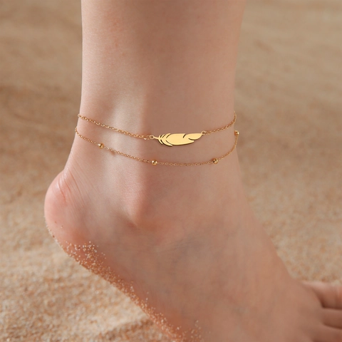 18K Gold Plated Stainless Steel Feather Pendant Anklet Bohemian Double Layer Layered Bead Ankle Bracelet For Women Jewelry