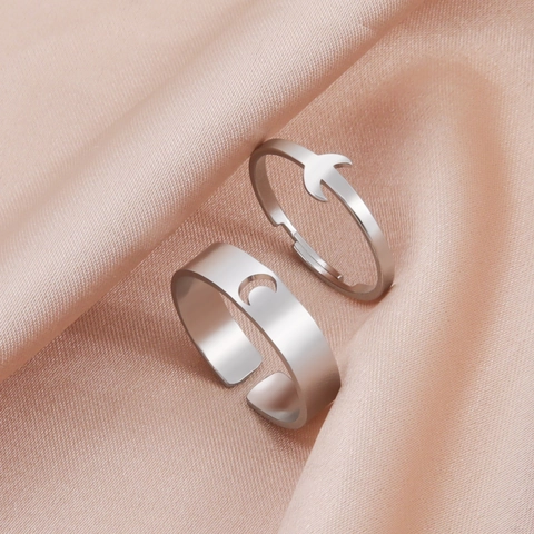 Minimalist Stainless Steel Crescent Moon Open Ring And Solid Moon Ring For Women Men Hollow Out Adjustable Jewelry Gift