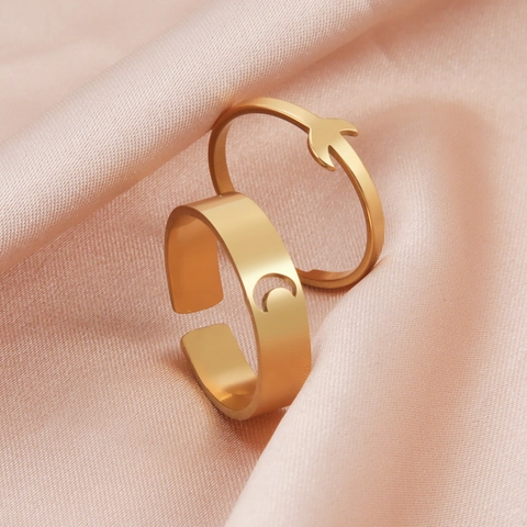 Minimalist Stainless Steel Crescent Moon Open Ring And Solid Moon Ring For Women Men Hollow Out Adjustable Jewelry Gift