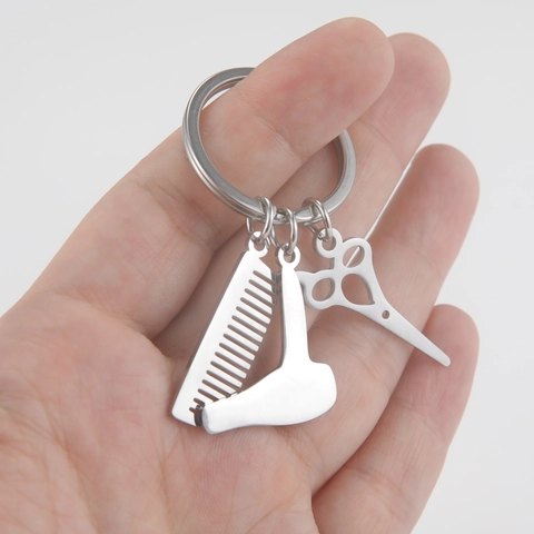 Stainless Steel Barber Tool Keychain With Comb Scissors Hairdryer Pendants Professional Hair Stylist Gift For Men Women