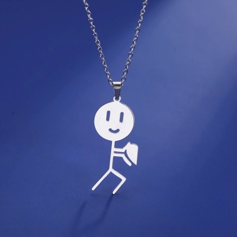 Collana con Pendente Omino a Stecco con Cuore in Acciaio Inossidabile per Uomo Donna Gioielli Minimalista Sorridente