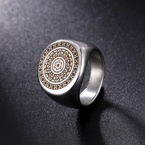 Vintage Viking Stainless Steel Mandala Totem Signet Ring For Men Engraved Geometric Ethnic Punk Band Ring Fashion Jewelry