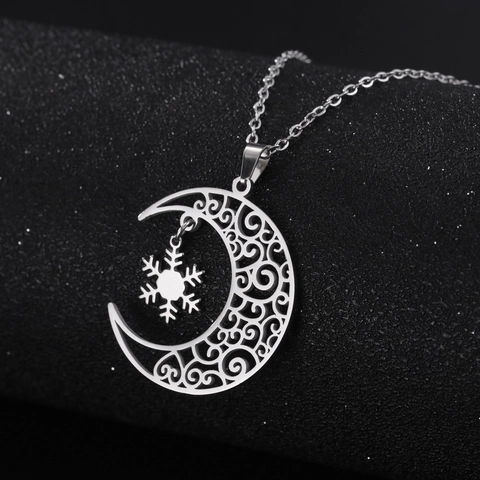 Stainless Steel Hollow Crescent Moon Snowflake Pendant Necklace Elegant Celestial Winter Theme Commuting Jewelry For Women Men