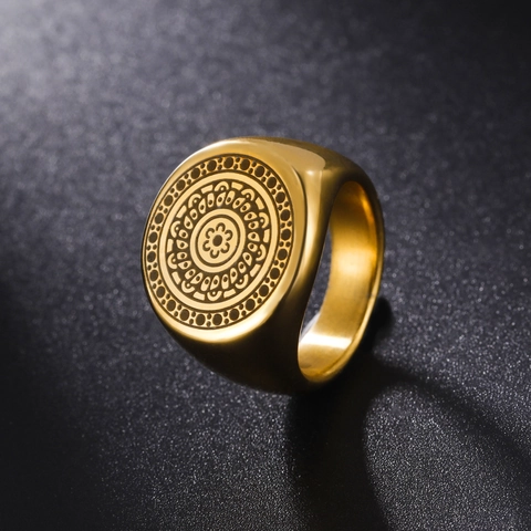 Vintage Viking Stainless Steel Mandala Totem Signet Ring For Men Engraved Geometric Ethnic Punk Band Ring Fashion Jewelry