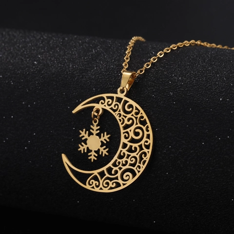 Stainless Steel Hollow Crescent Moon Snowflake Pendant Necklace Elegant Celestial Winter Theme Commuting Jewelry For Women Men