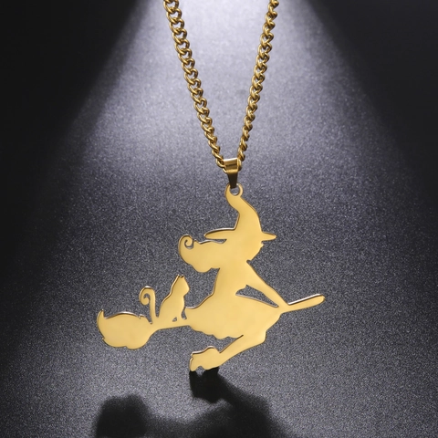 Collana in Acciaio Inossidabile Con Ciondolo a Forma di Strega Su Scopa e Gatto Gioielli Gothic Regalo Per Uomo Donna