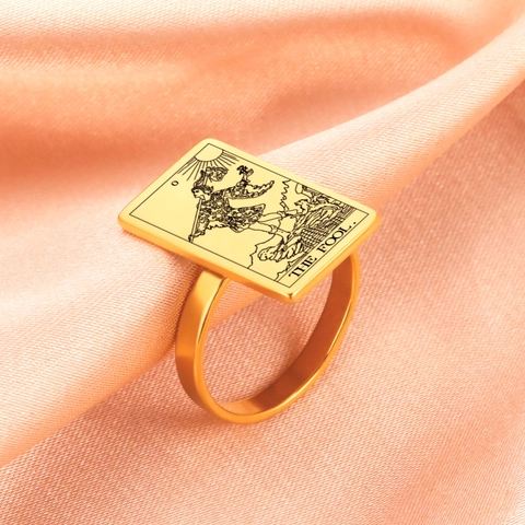 Stainless Steel Tarot Card Ring Major Arcana The Sun Moon Star Lovers The Fool Strength Death Empress High Priestess World Hanged Man Rectangular Plaque Signet Ring Unisex Fashion Jewelry Gift