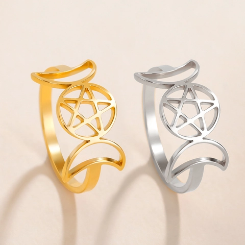 Anello Pentagramma Tripla Luna in Acciaio Inossidabile Gioielli Occulti Wicca Regalo per Uomo Donna Anello a Fascia Stella Luna