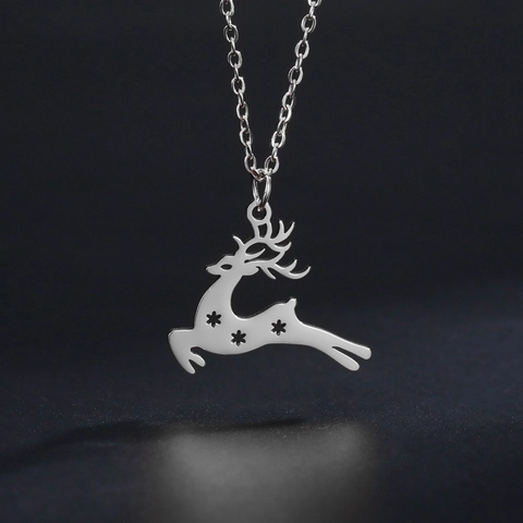 Stainless Steel Christmas Reindeer Pendant Necklace For Women Exquisite Snowflake Hollow Out Animal Jewelry Festive Xmas Gift